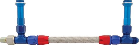 Carburetor Fuel Line - 8 AN Male Inlet - Dual 7/8-20 in Male Outlets - Braided Stainless Hose - Blue / Red / Silver - Holley 4500 - Kit