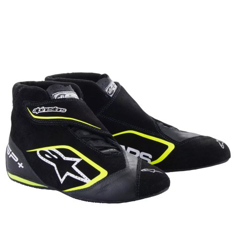 Driving Shoe - SP+ - High-Top - SFI 3.3 - FIA Approved - Suede / Leather Outer - Fire Retardant Fabric Inner - Black / Fluorescent Yellow - Size 13 - Pair