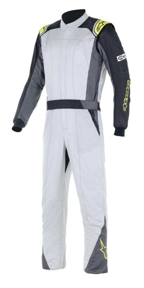 Driving Suit - Atom - 1-Piece - SFI 3.2A/5 - Boot-Cut - Dual Layer - Aramid - Silver / Fluorescent Yellow - Size 50 - Small / Medium - Each