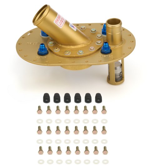Fuel Cell Filler Plate - Remote Fill - 45 Degree 2-1/4 in OD Neck - Flat Mount - 12-Bolt Flange - 8 AN Pickup - 6 AN Return - Aluminum - Gold Anodized - Kit thumbnail 2