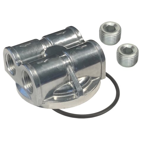 Oil Filter Adapter - Bypass - Block Mount - 20 x 1.5 mm Center Thread - 1/2 in NPT Inlets - 1/2 in NPT Outlets - Aluminum - Polished - Each thumbnail 2