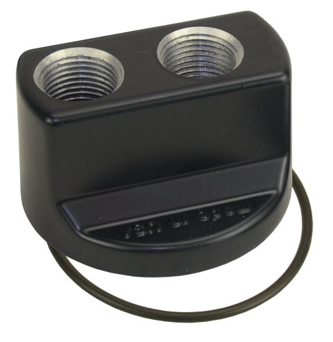 Oil Filter Adapter - Bypass - Block Mount - 22 x 1.5 mm Center Thread - 10 AN O-Ring Inlet - 10 AN O-Ring Outlet - Aluminum - Black Powder Coat - Each