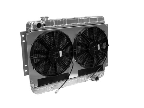 Radiator and Fan - Pro-Series - 25.25 in W x 20 in H x 6.75 in D - Dual Fans - Driver Side Inlet - Passenger Side Outlet - Automatic Transmission - Aluminum - Natural - GM A-Body 1966-67 - Kit