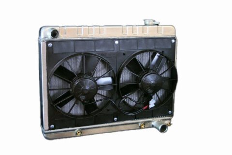 Radiator and Fan - Pro-Series - 25.5 in W x 20 in H x 6.75 in D - Dual Fans - Driver Side Inlet - Passenger Side Outlet - Automatic Transmission - Aluminum - Natural - GM Fullsize Truck 1963-66 - Kit