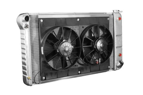 Radiator and Fan - Pro-Series - 33 in W x 18.5 in H x 6.75 in D - Dual Fans - Driver Side Inlet - Passenger Side Outlet - Automatic Transmission - Aluminum - Natural - GM Fullsize Truck 1967-72 - Kit