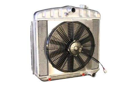 Radiator and Fan - LSX Conversion - 22 in W x 21.25 in H x 3.25 in D - Center Inlet - Passenger Side Outlet - Automatic Transmission - Aluminum - Natural - Chevy Fullsize Car 1955-57 - Kit