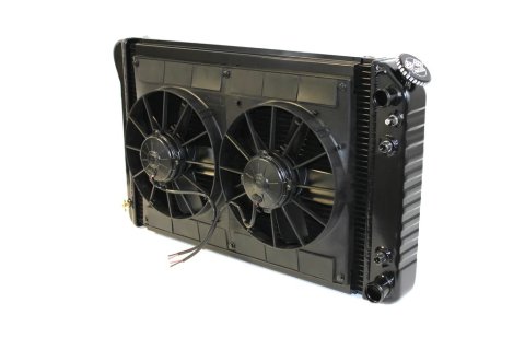Radiator and Fan - LSX Conversion - 31 in W x 18.5 in H x 3.25 in D - Dual Fans - Passenger Side Inlet - Passenger Side Outlet - Automatic Transmission - Aluminum - Black Paint - GM F-Body 1970-81 - Kit