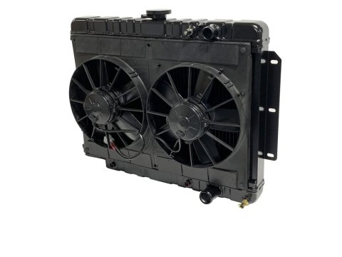 Radiator and Fan - LSX Conversion - 28 in W x 20.5 in H x 3 in D - Dual Fans - Passenger Side Inlet - Passenger Side Outlet - Automatic Transmission - Aluminum - Black Paint - GM B-Body 1959-64 - Kit thumbnail 1