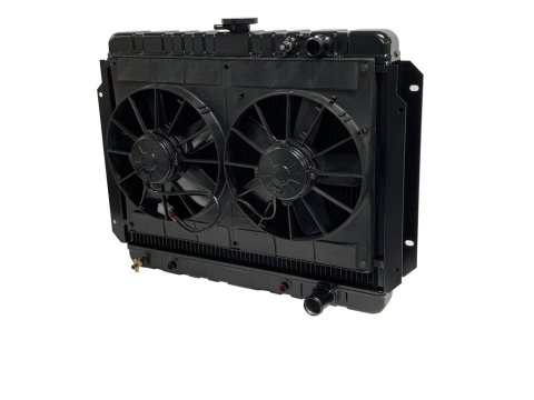 Radiator and Fan - LSX Conversion - 25.5 in W x 22.25 in H x 6.8 in D - Dual Fans - Passenger Side Inlet - Passenger Side Outlet - Automatic Transmission - Aluminum - Black Paint - GM B-Body 1965-70 - Kit