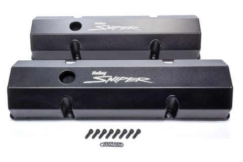 Valve Cover - Sniper - Tall - Baffled - Breather Holes - Sniper Logo - Fabricated Aluminum - Black Powder Coat - Small Block Chevy - Pair