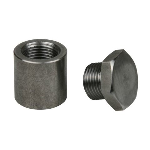 Oxygen Sensor Bung - Straight - Extended - Weld-On - 18 mm x 1.50 Female Thread - Plug Included - Steel - Natural - Kit