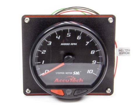 Tachometer - AccuTech SMI - 10000 RPM - Analog - 4-1/2 in Diameter - Dash Mount - Black Face - Shift Light - Aluminum Panel - Each