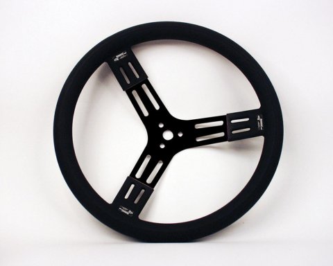 Steering Wheel - 15 in Diameter - 2.75 in Dish - 3-Spoke - Black Polyurethane Fat Grip - Aluminum - Black Anodized - Each thumbnail 1
