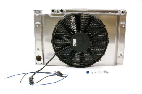 Radiator and Fan - Pro-Stock Style - 22 in W x 14 in H x 6 in D - Passenger Side Inlet - Passenger Side Outlet - Aluminum - Natural - Universal - Kit