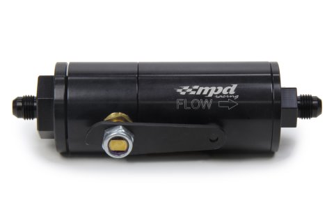 Fuel Filter - In-Line - 30 Micron - Stainless Element - 6 AN Male Inlet - 6 AN Male Outlet - Shut Off Valve - Aluminum - Black Anodized - Each thumbnail 1