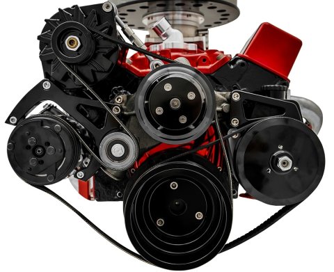 Pulley Kit - Sport Track - 6-Rib Serpentine - Aluminum - Black Powder Coat - Long Water Pump - Small Block Chevy - Kit