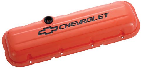 Valve Cover - Stock Height - Short Style Baffles - Breather Holes - Grommets - Chevrolet Bowtie Logo - Orange - Big Block Chevy - Pair