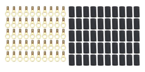 Ring Terminal - 22-16 Gauge Wire - Number 10 Hole - Heat Shrink Included - Copper - Set of 50