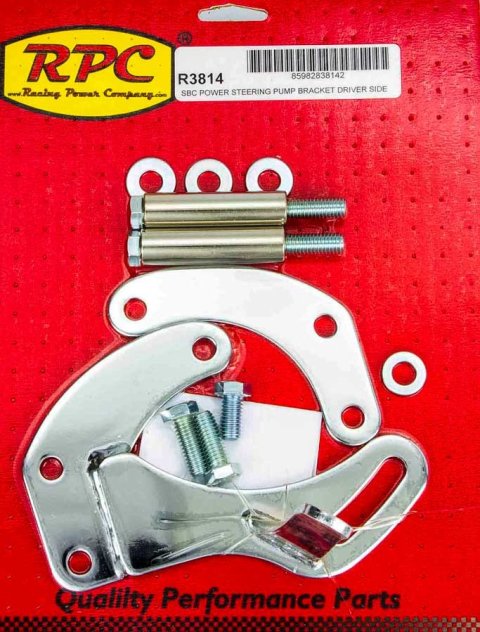 Power Steering Pump Bracket - Driver Side - Block Mount - Steel - Chrome - Short Water Pump - Small Block Chevy - Kit