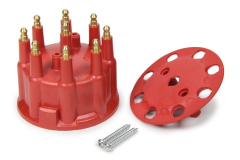 Distributor Cap - HEI Style Terminals - Brass Terminals - Clamp Down - Red - Non-Vented - Small Diameter Distributor - Chevy V8 - Each