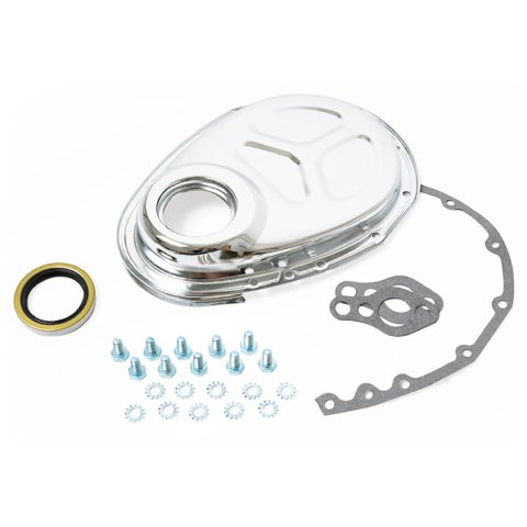 Timing Cover - 1-Piece - Gaskets / Hardware / Seal Included - Steel - Chrome - Small Block Chevy - Each thumbnail 1