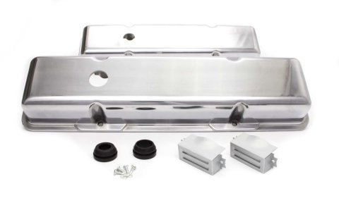 Valve Cover - Short - 2.563 in Height - Ball Milled - Baffled - Breather Holes - Grommets Included - Aluminum - Polished - Small Block Chevy - Pair