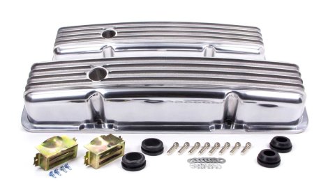 Valve Cover - Short - 2.563 in Height - Finned - Baffled - Breather Holes - Hardware Included - Full Finned - Aluminum - Polished - Small Block Chevy - Pair thumbnail 2