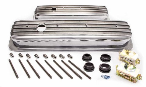 Valve Cover - Short - 2.563 in Height - Finned - Baffled - Breather Holes - Hardware Included - Full Finned - Aluminum - Polished - Center Bolt - Small Block Chevy - Pair