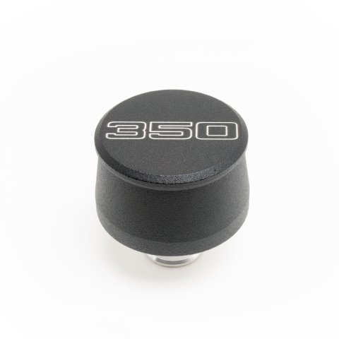 Breather - Push-In - Round - 1-1/4 in Hole - 350 Script Logo - Aluminum - Black Powder Coat - Each