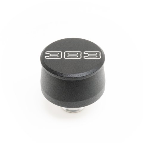 Breather - Push-In - Round - 1-1/4 in Hole - 383 Script Logo - Aluminum - Black Powder Coat - Each