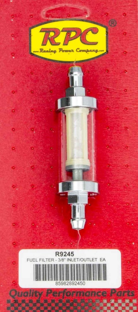 Fuel Filter - In-Line - Stainless Mesh - 5/16 in Hose Barb Inlet - 5/16 in Hose Barb Outlet - Glass / Steel - Chrome - Each