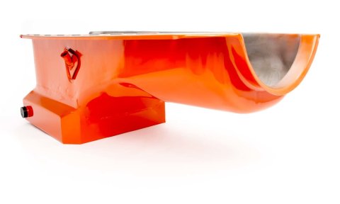 Engine Oil Pan - Drag Race - Rear Sump - 7 qt - 8.25 in Deep - Steel - Orange Paint - 2-Piece Seal - Big Block Chevy - Each