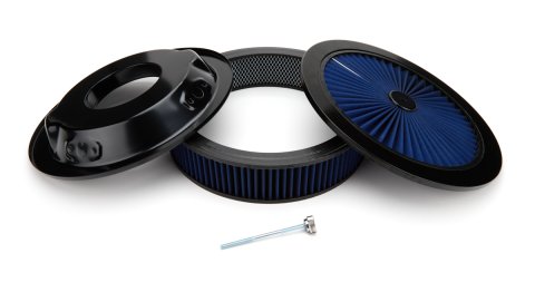 Air Cleaner Assembly - 14 in Round - High Lip - 3 in Element - 5-1/8 in Carb Flange - Dropped Base - Flow Through Top - Blue Cotton - Steel - Black Paint - Kit