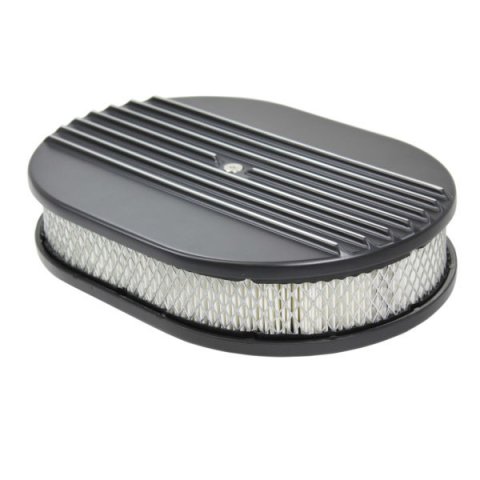 Air Cleaner Assembly - Half Finned - 12 in Oval - 2 in Element - 5-1/8 in Carb Flange - Flat Base - Aluminum - Black Powder Coat - Kit
