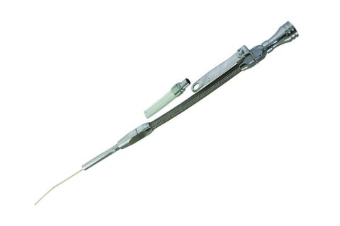 Engine Oil Dipstick - Flexible - Block Mount - Braided Stainless - Aluminum - Chrome - Small Block Chevy - Each