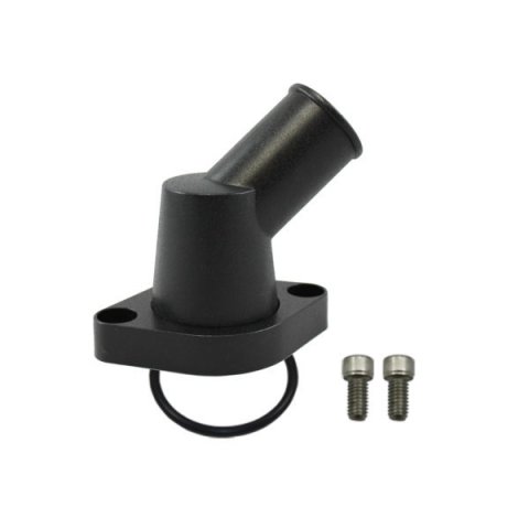 Water Neck - 45 Degree - 1-1/2 in ID Hose - Swivel - O-Ring - Hardware Included - Aluminum - Black Paint - Chevy V8 - Each