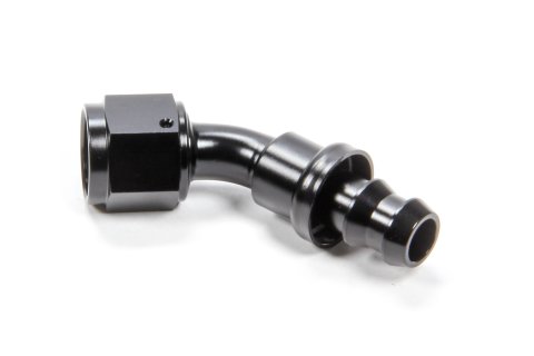 Fitting - Hose End - 45 Degree - 8 AN Hose Barb to 8 AN Female - Aluminum - Black Anodized - Each
