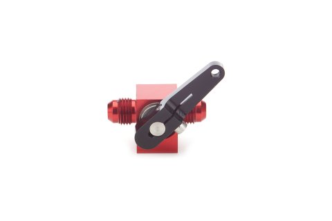 Shutoff Valve - Fuel Shutoff - Manual - 6 AN Male Inlet - 6 AN Male Outlet - Aluminum - Black / Red Anodized - Each thumbnail 2