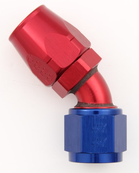 Fitting - Hose End - 45 Degree - 4 AN Hose to 4 AN Female - Aluminum - Blue / Red Anodized - Each