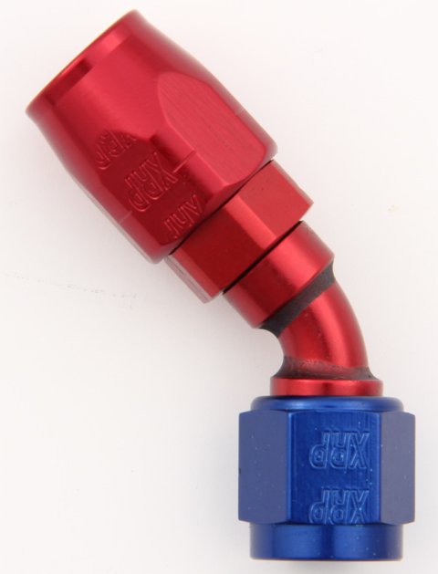 Fitting - Hose End - 45 Degree - 10 AN Hose to 10 AN Female - Double Swivel - Aluminum - Blue / Red Anodized - Each
