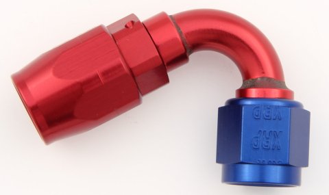 Fitting - Hose End - 120 Degree - 12 AN Hose to 12 AN Female - Double Swivel - Aluminum - Blue / Red Anodized - Each