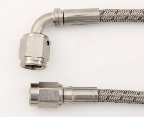 AN Hose Assembly - 12 in Long - 3 AN Hose - 3 AN Straight Female to 3 AN 90 Degree Female - Braided Stainless - PTFE Lined - Each