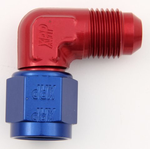 Fitting - Adapter - 90 Degree - 6 AN Female Swivel to 6 AN Male - Low Profile - Aluminum - Blue / Red Anodized - Each