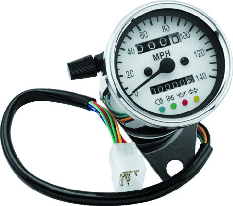 Bikers Choice 2.5 Inch Chrome 2:1 Universal Mini Speedo w LED Indicators White Face 140 Mph thumbnail 1
