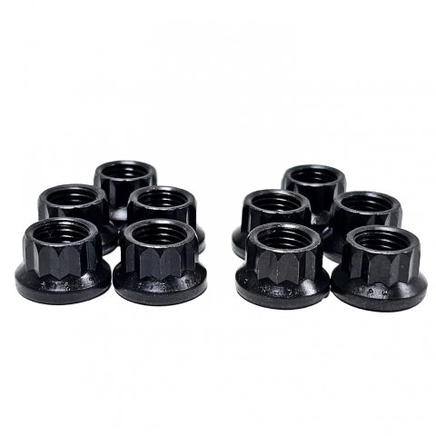 Nut - 1/2-20 in Thread - 9/16 in 12 Point Head - Chromoly - Black Oxide - Set of 10