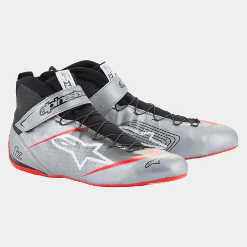 Driving Shoe - Tech-1 Z V3 - Mid-Top - FIA Approved - Leather Outer - Aramid Inner - Silver / Red - Side 8.5 - Pair