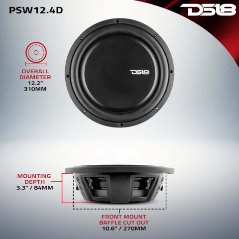 DS18 12in 600 Watts RMS 4 ohm DVC Shallow Mount Water Resistant Subwoofer thumbnail 5