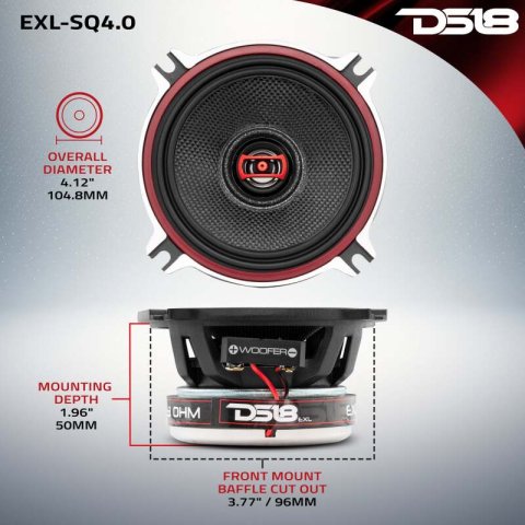 DS18 4in 60 Watts RMS 3 ohm 2-Way Coaxial Speakers And Component System w/ Fiberglass Cone thumbnail 1