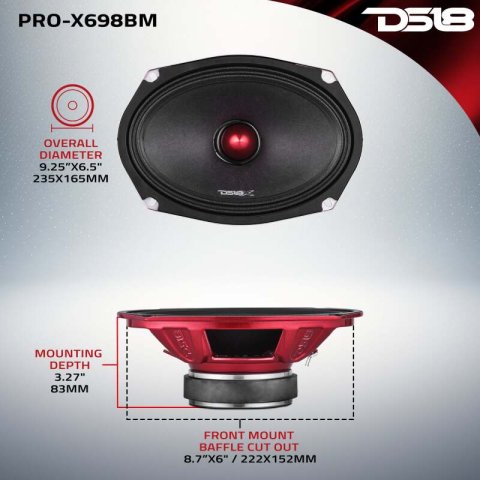 DS18 6x9in 275 Watts RMS 8 ohm Mid-Range Loudspeaker Bullet Loudspeaker Grill Included thumbnail 1