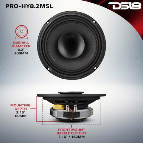 DS18 8in 200 Watts RMS 2 ohm Mid-Range Loudspeaker Shallow Grill Included thumbnail 5
